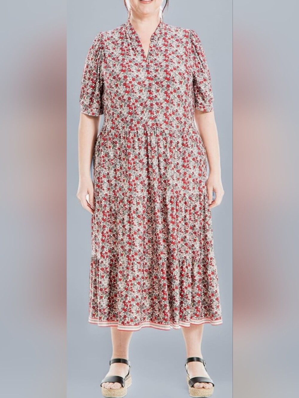Max Studio Tiered Floral Boho Midi Dress in Red/White Flowy 3/4 Sleeves 2X